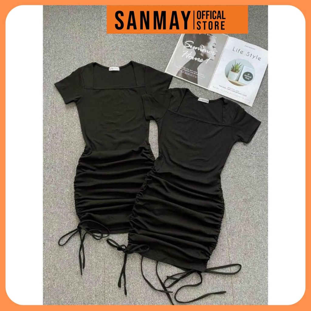 Váy Body Nhún SANJOLI Đầm Ôm Sexy Nữ Cổ Vuông Rút Dây 2 Bên, Dáng Bó Eo Thun Tay Ngắn Thiết Kế Dự Tiệc Trắng Đen VD048 | BigBuy360 - bigbuy360.vn