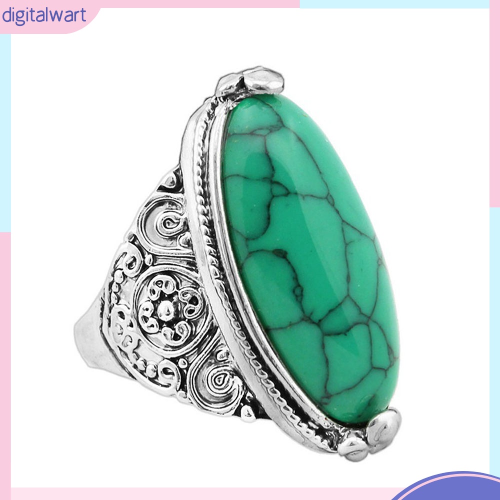 Nhẫn Mạ Bạc Chạm Khắc Đính Đá Ngọc Lam Hình Oval Phong Cách Boho Cổ Điển