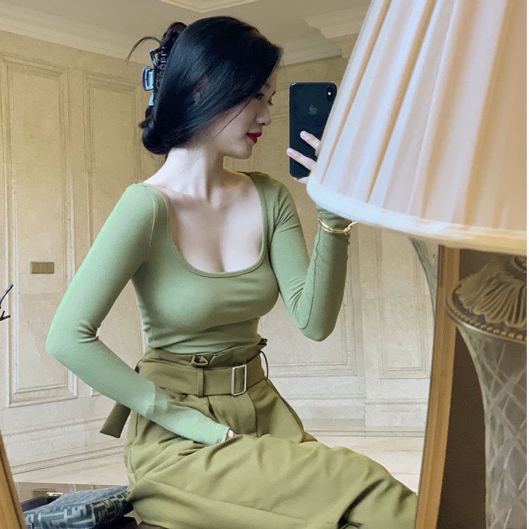 Áo Thun Dài Tay Cổ Vuông Ôm Dáng Thời Trang Hàn Quốc Cho Nữ