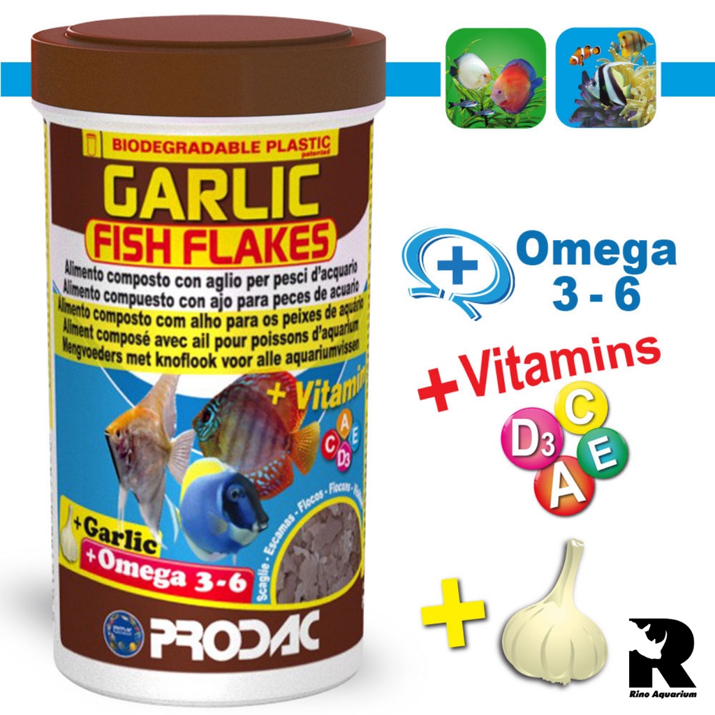 Thức Ăn PRODAC - Garlic Fish Flakes | Thức Ăn Khô Có Tinh Chất Tỏi Cho Cá Cảnh Thủy Sinh (Lọ 20g)