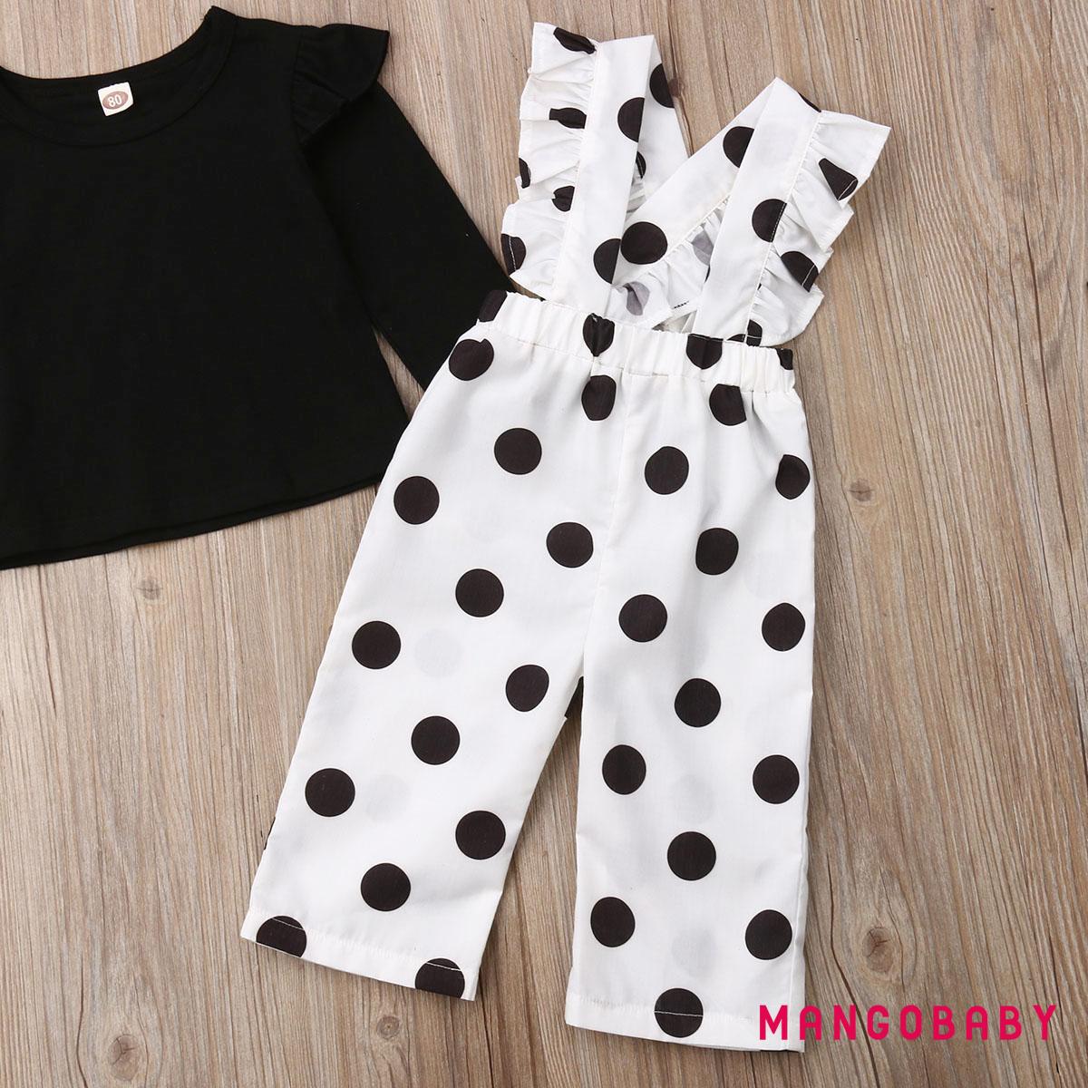 MG-Infant Toddler Baby Girl Outfits Long Sleeve T-Shirt Tops + Ruffle Polka Dots Suspenders Pants 2Pcs Set