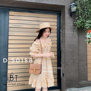 Váy tiểu thư thô kẻ hoa cúc trễ vai