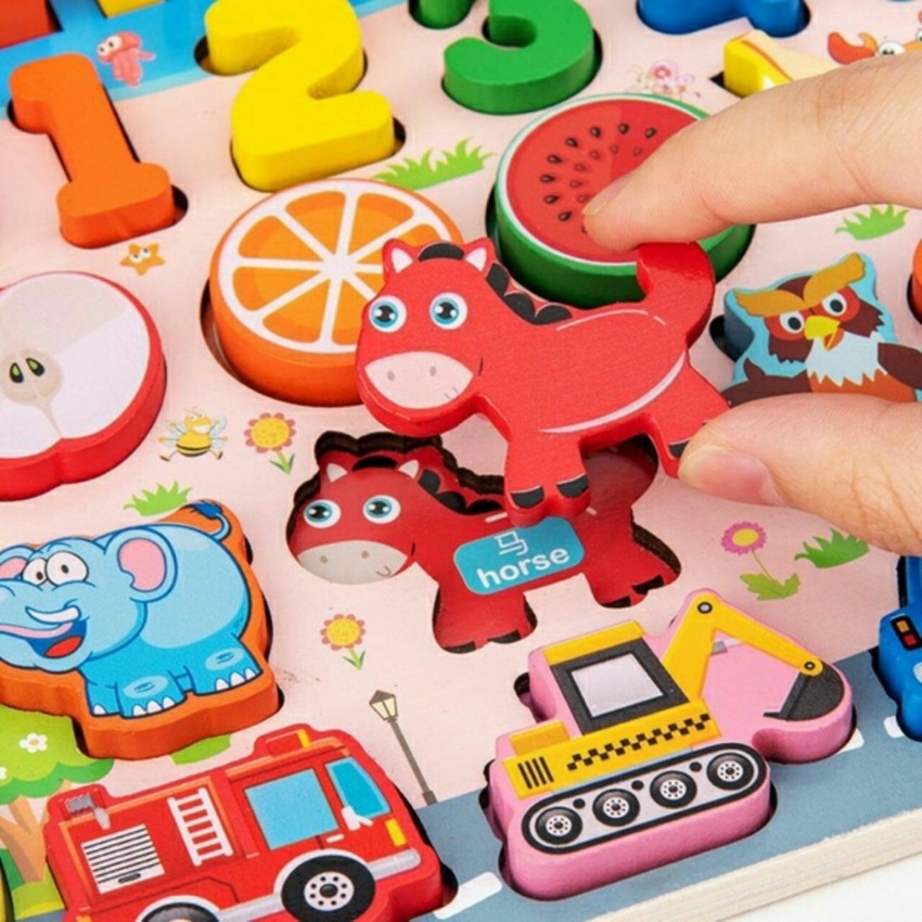 Bộ đồ chơi bảng số, xe cộ và con vật kết hợp câu cá thông minh bằng gỗ cho bé