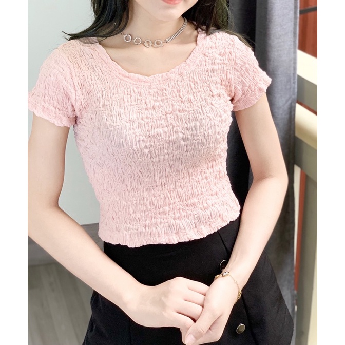 Áo croptop nữ tay ngắn cổ tròn chất xốp nhăn - Áo thun phông nữ ngắn dáng ôm hàng thiết kế Quảng Châu cao cấp