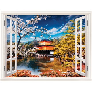 Tranh dán tường 3D cửa sổ phong cảnh nhật bản - vải lụa phủ kim sa