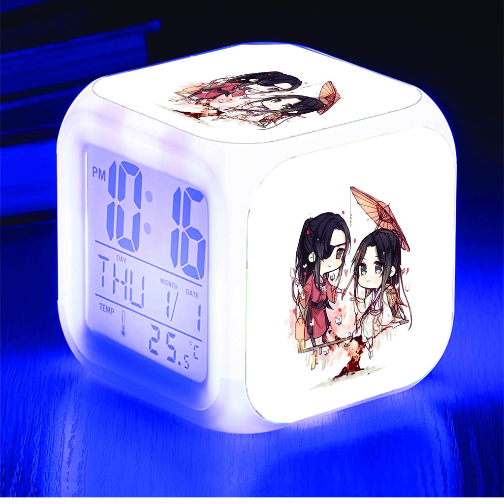 Đồng hồ báo thức để bàn in hình THIÊN QUAN TỨ PHÚC Mặc Hương Đông Khứu chibi anime đèn LED đổi màu