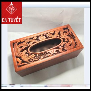 Hộp đựng giấy ăn gỗ hương size đại 26cm đục chạm long phụng-ảnh thật