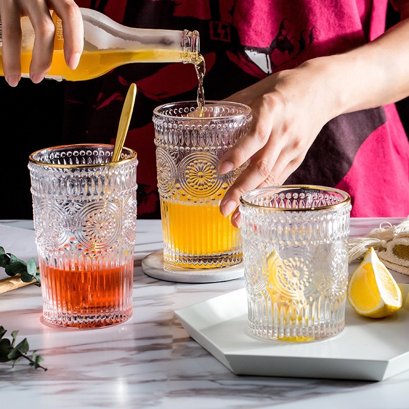 Pressed Glass - cốc thủy tinh hoa văn nổi viền mạ vàng