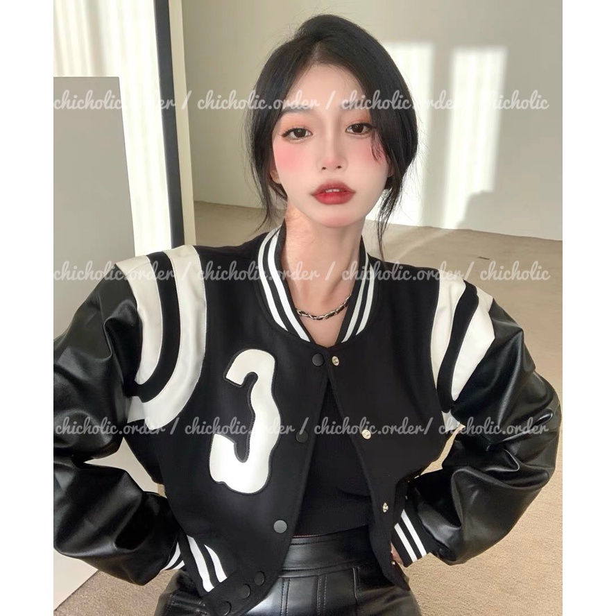 Áo Bomber Dáng Croptop Chữ C Màu Đen Cho Nữ Tay Da Xịn