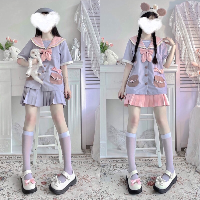 YAS0814-Set đồng phục học sinh Nhật tím xanh cổ hồng nhún bèo