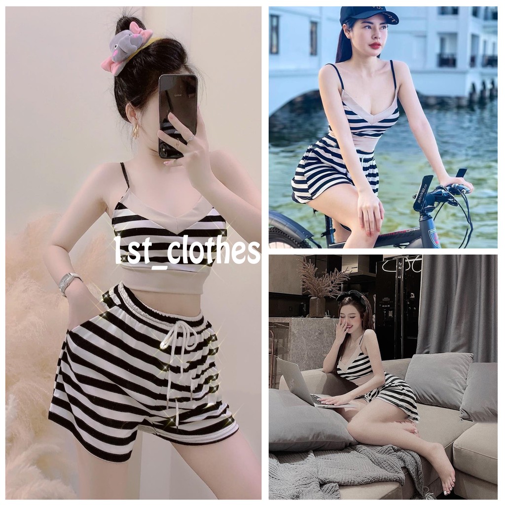 Set Croptop 2 Dây Kẻ Ngang Bộ Ngủ Mặc Ở Nhà Siêu Chất | BigBuy360 - bigbuy360.vn