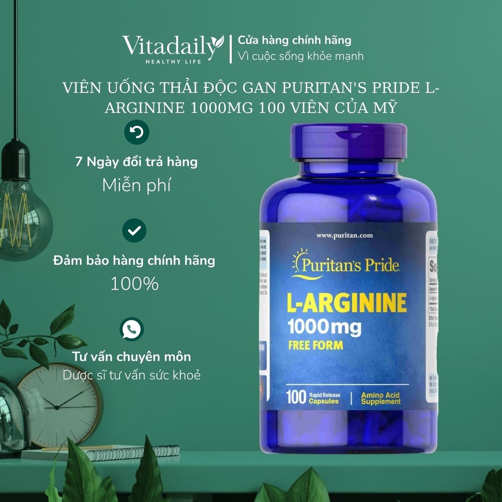 Viên Uống Thải Độc Gan, Tăng Cường Sinh Lý L-Arginine 1000mg Puritan's Pride 100 Viên