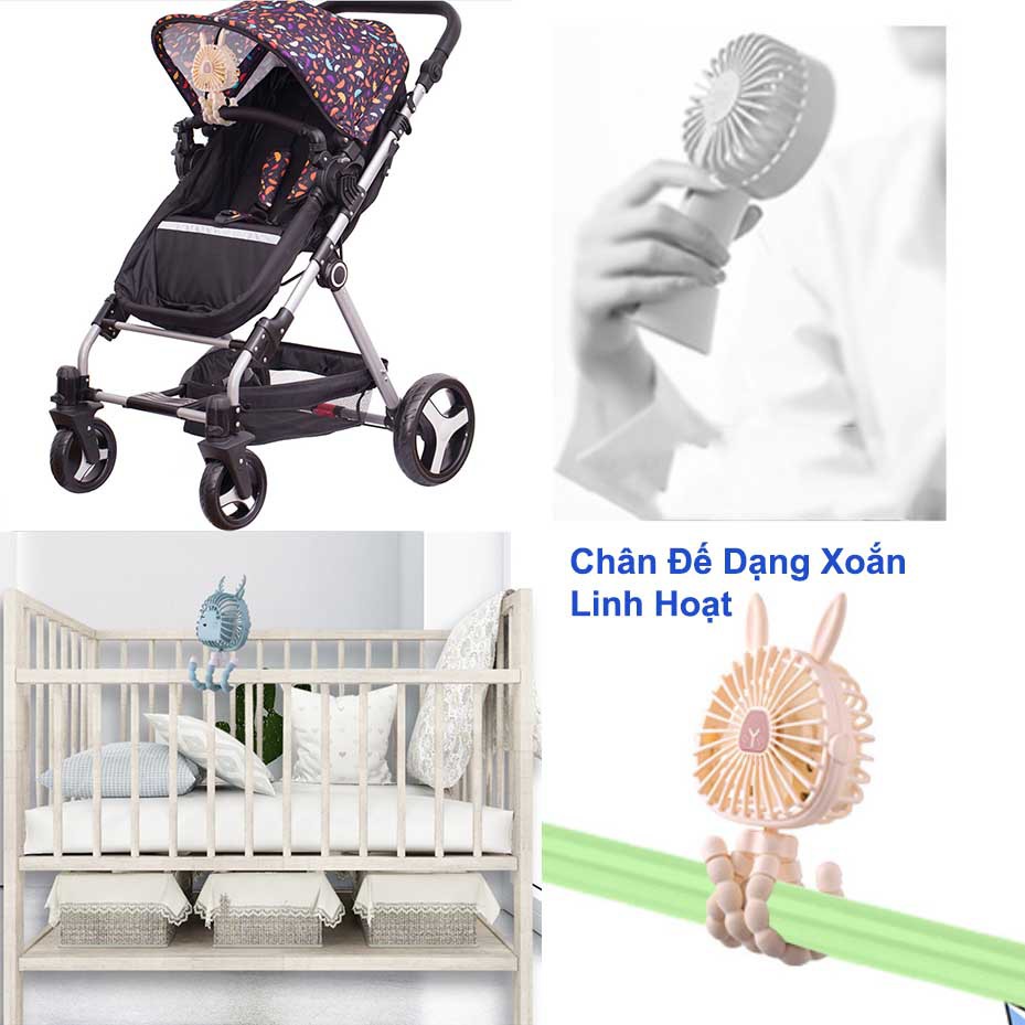 Quạt Mini Tích Điện Cầm Tay Chân Xoắn Linh Hoạt Đế Để Bàn Gió Mạnh