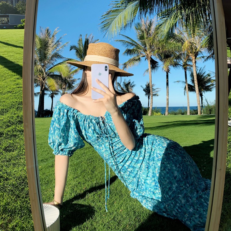 Đầm dài trễ vai hoa xanh cực xinh - Hàng Quảng Châu cao cấp - Ngân Dali | BigBuy360 - bigbuy360.vn