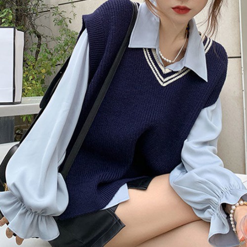 Hàng Sẵn_ Áo gile nữ dệt kim áo vest cổ điển cổ V phong cách Hàn