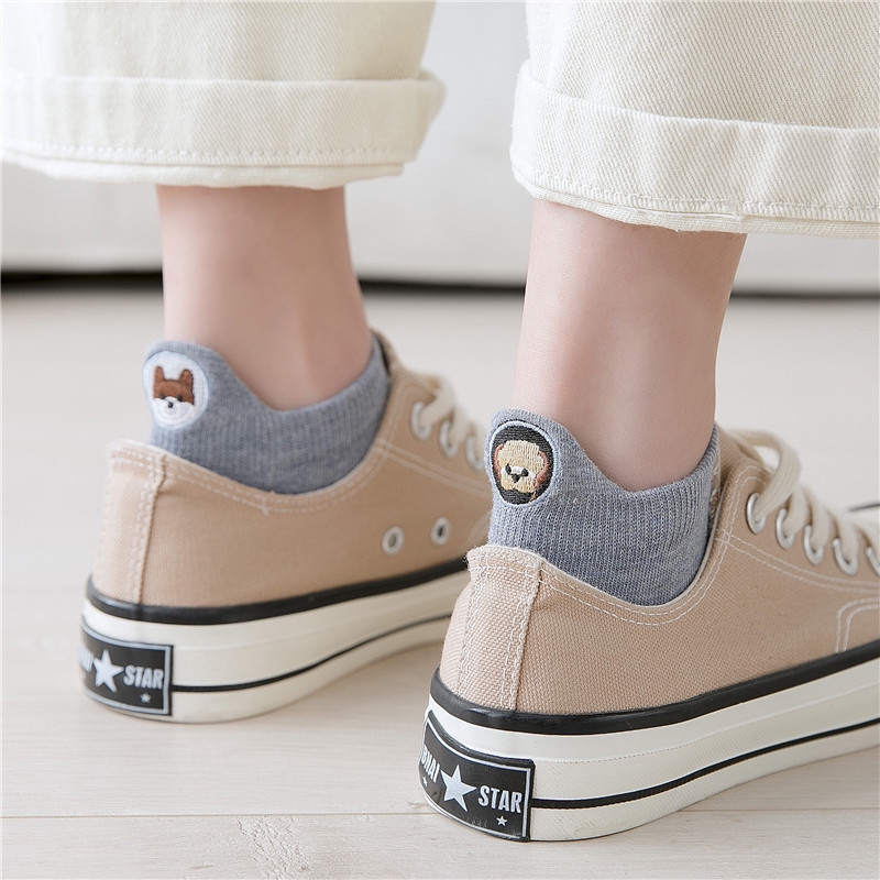 Cotton Animal Pattern Women Ankle Socks Spring Cute Cartoon Dog Embroidery Decor Students Girls Socks Kawaii Happy Art Socks