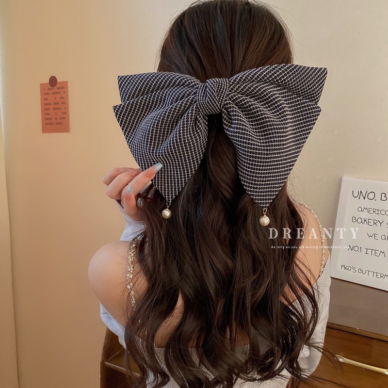 Kẹp Tóc Hình Nơ Cỡ Lớn Đính Ngọc Trai Phong Cách Cổ Điển Thời Trang Xinh Xắn