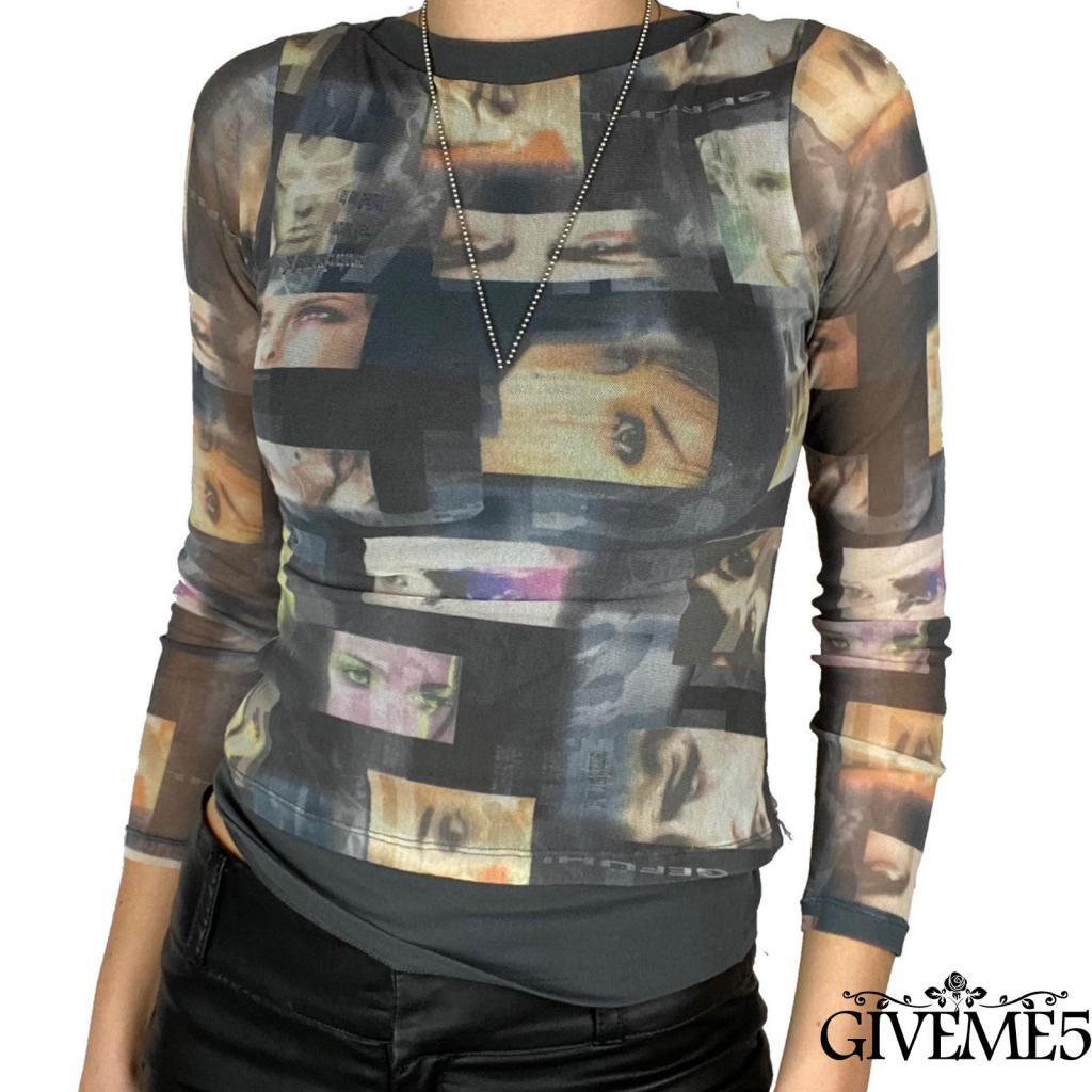 Áo thun tay dài phối lưới xuyên thấu thời trang cho nữ