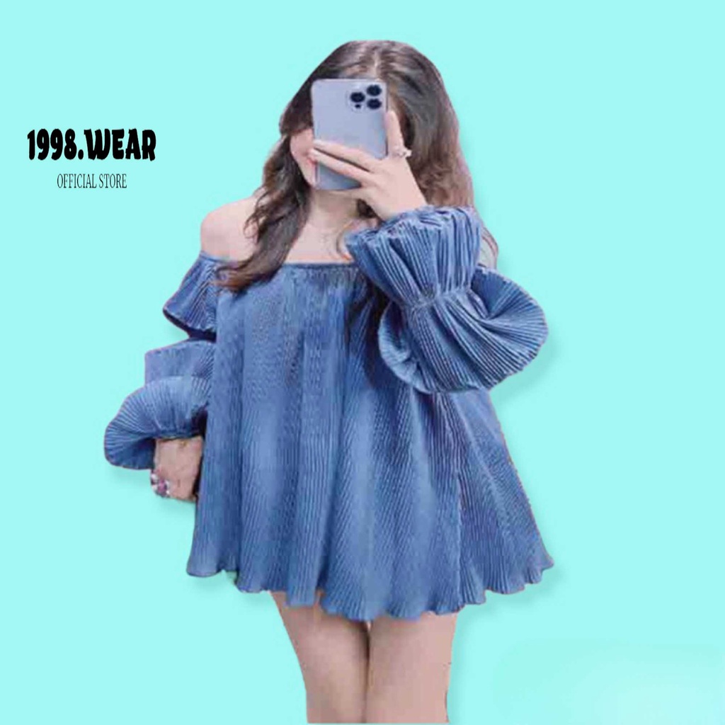 Áo trễ vai tay dài bồng,áo bẹt vai tay dài thiết kế dập li,áo kiểu nữ hàn quốc 1998.WEAR
