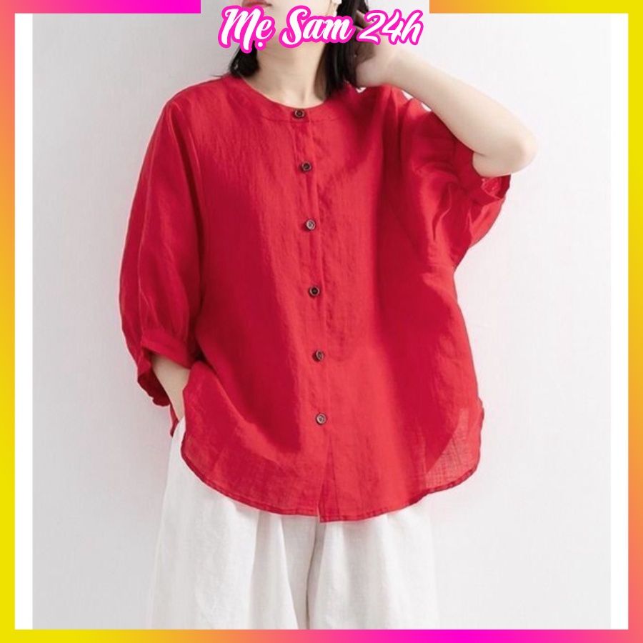 Áo sơ mi đũi nữ bigsize tay lỡ cổ tròn Mẹ Sam 24h chất liệu vải mềm mịn mát, form rộng che khuyết điểm SMH.34