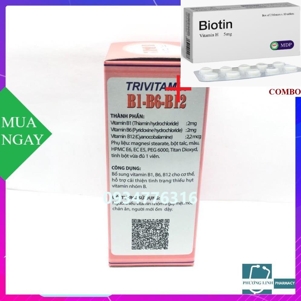 Combo Biotin 5mg+ Trivitamin B1-B6-B12 hộp 10 vỉ x 10 viên