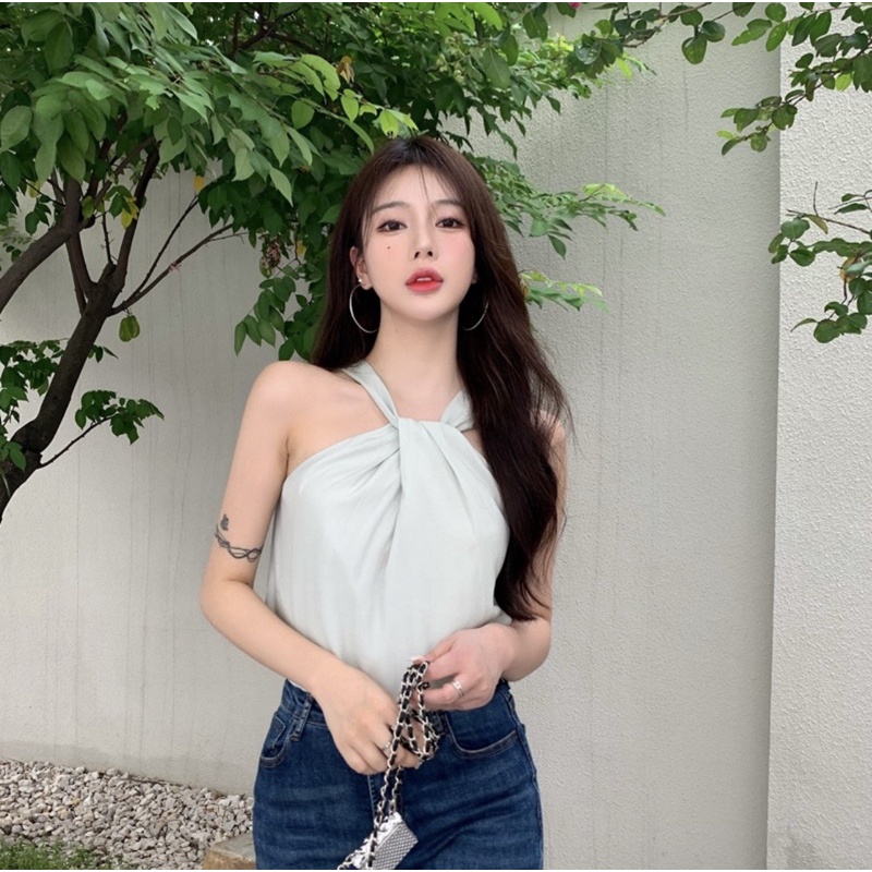 Áo yếm lụa satin phi bóng kiểu ngắn nữ trơn/ chấm bi tiểu thư - Order taobao quảng châu