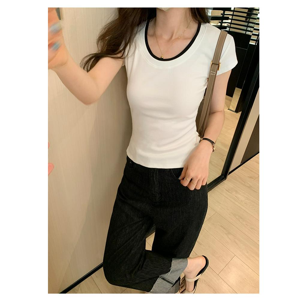 Áo Thun Ôm Cổ Chữ U Tay Ngắn Màu Sắc Tương Phản 63743