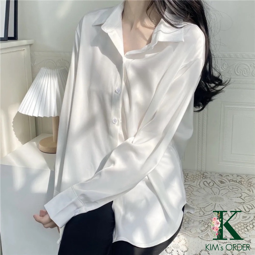 Áo Sơ Mi Nữ Màu Trắng Màu Xanh Basic Cổ Sơ Mi Dài Tay Cài Cúc Phom Rộng Chất Sơ Mi Lụa Hàn Thấm Mồ Hôi Không Nóng