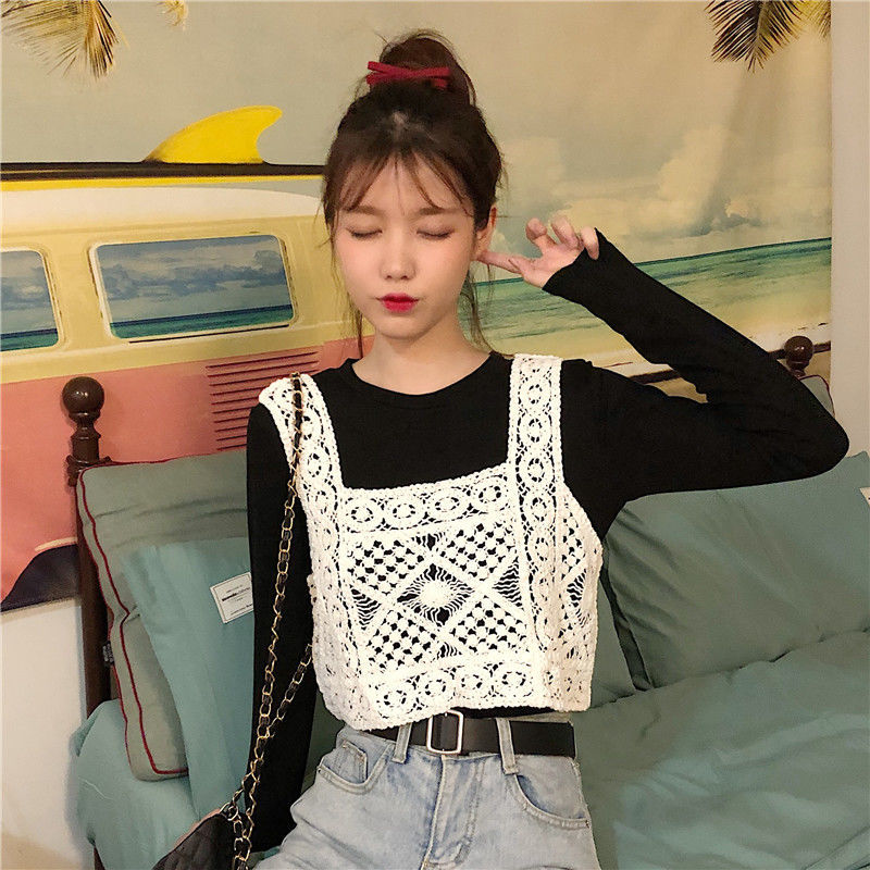 Áo kiểu mặc ngoài hai dây dệt kim dáng rộng phối ren thời trang dành cho nữ