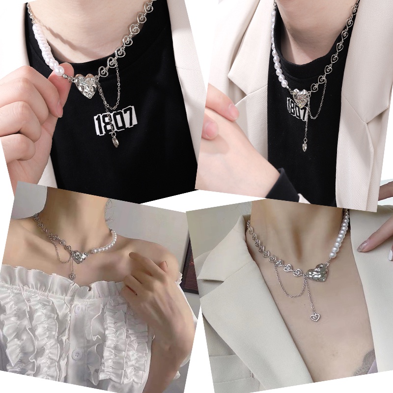 Vòng cổ Thép Titan Đính Hạt Ngọc Trai Giả Phong Cách Hip hop Cổ Điển