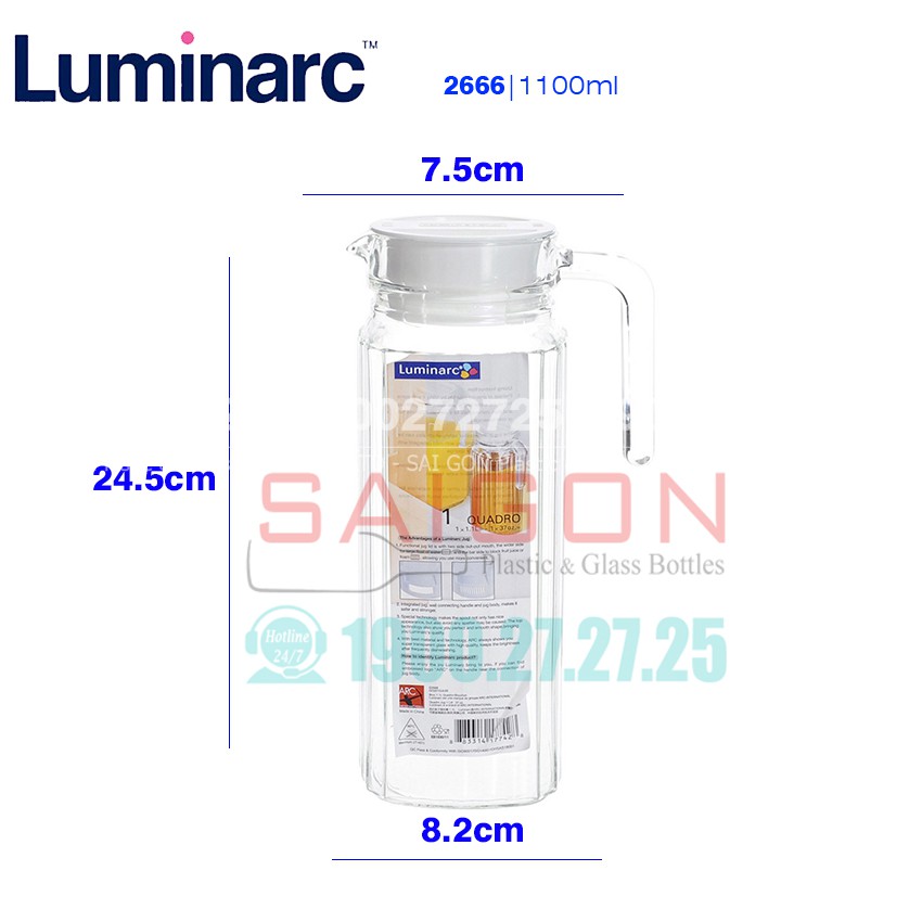 Bình Nước Thủy Tinh Luminarc Quadro 1100ml | Luminarc G2666 , Thủy Tinh Cao Cấp