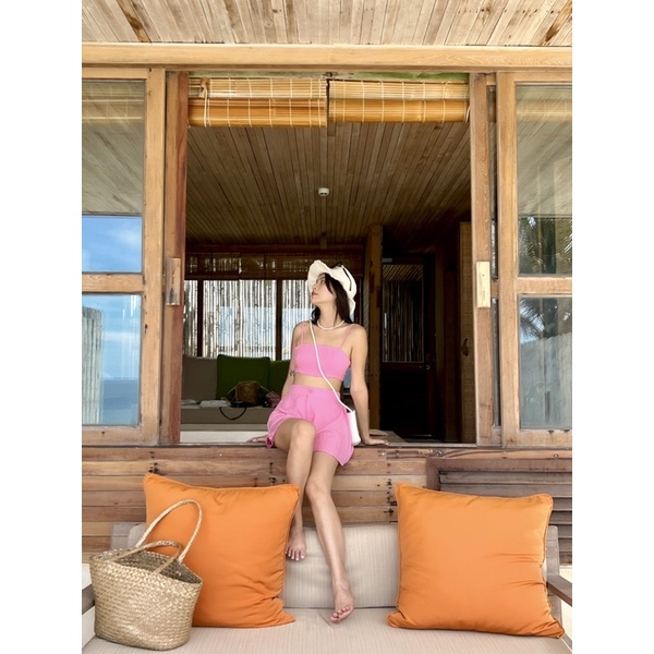 Beachclub- áo croptop linen cột dây lưng-lala