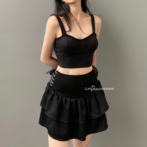 Set áo 2 dây croptop màu đen có MÚT NGỰC + chân váy xòe 2 tầng đan dây phong cách ulzzang sexy công chúa