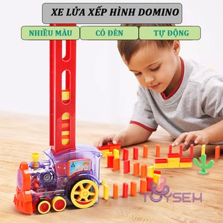 Đồ chơi trẻ em xe lửa xếp hình domino tự động có đèn led 60 khối toysem - Quà tặng sinh nhật cho bé