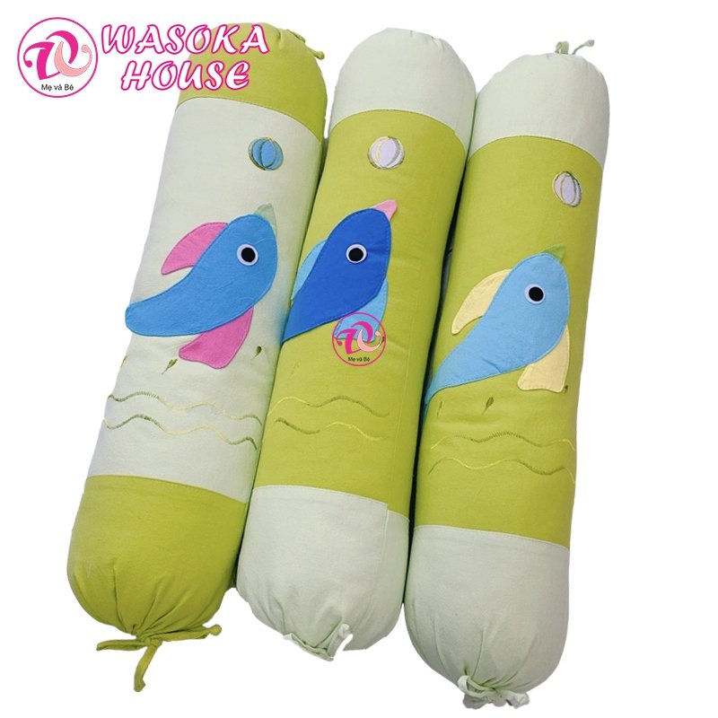Gối ôm cho bé dài 70cm, vải cotton cara mềm mại thoáng mát, họa tiết đắp hình cá đáng yêu, phù hợp cho bé từ 1 tuổi