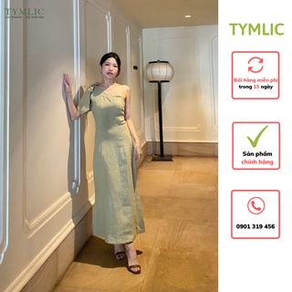 Đầm Dự Tiệc Lệch Vai Buộc Nơ Màu Xanh TYMLIC