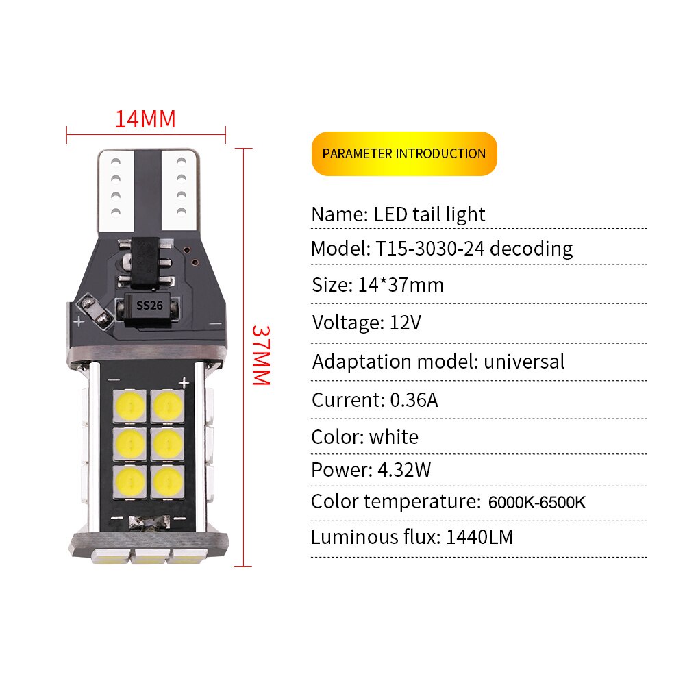 Rehoboth 2x siêu sáng Công suất cao W16W T15 Đèn chiếu sáng đảo chiều trên ô tô Lỗi Canbus Miễn phí bóng đèn diode tự động 5W cho đèn dự phòng ô tô 12V Màu trắng