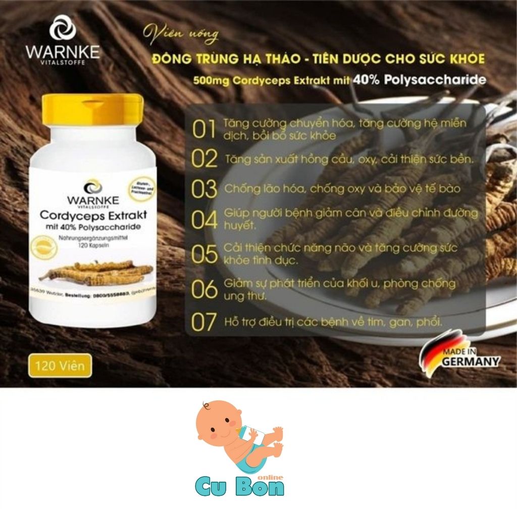 Đông trùng hạ thảo Warnke Đức 120 viên giúp ngăn ngừa lão hóa, tăng miễn dịch cho cơ thể, bồi bổ sức khỏe toàn diện