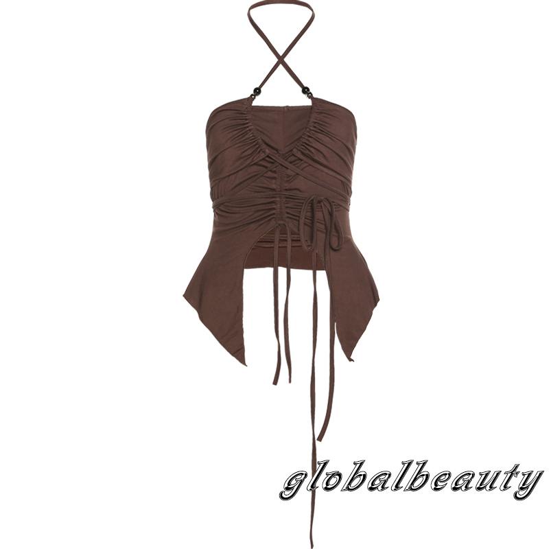 Áo Croptop Màu Trơn Dây Rút Cổ Yếm Kiểu Bất Đối Xứng Thời Trang Cho Nữ