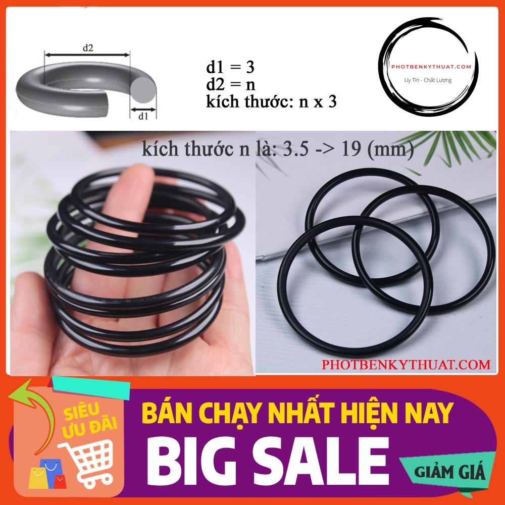 Ron cao su dày 3mm loại mềm, kích thước n là 3.5 -> 19 mm