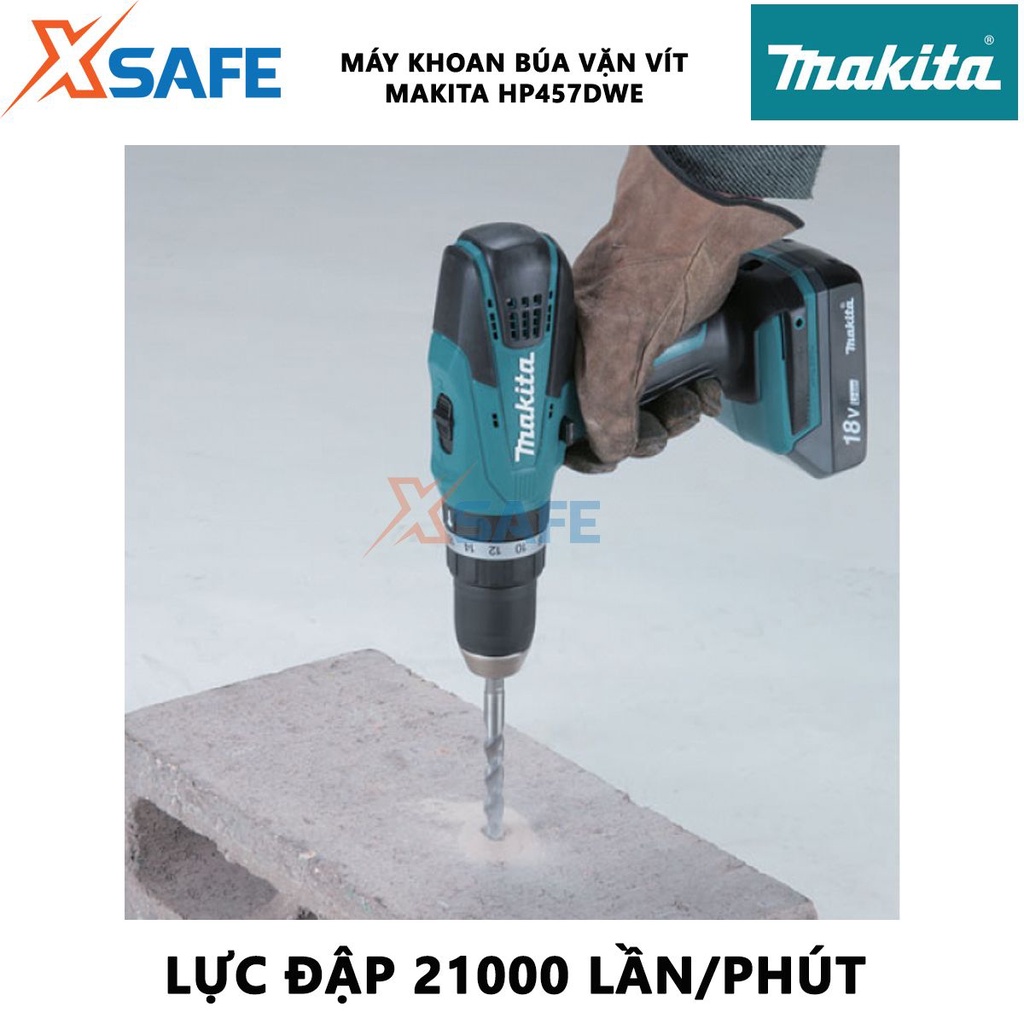 Máy khoan pin MAKITA HP457DWE 18V Máy khoan búa dùng pin chức năng đảo chiều tiện lợi, dùng khoan thép, gỗ - [XSAFE]