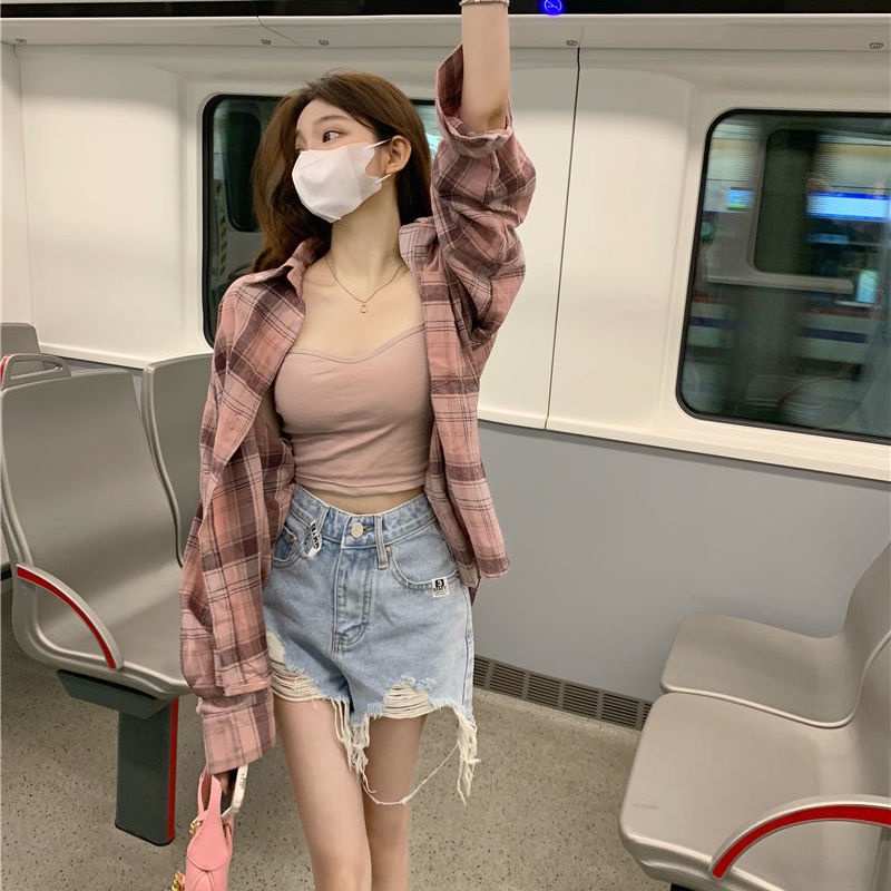 Áo Sơ Mi Khoác Ngoài Tay Dài Chống Nắng Họa Tiết Kẻ Ô Màu Hồng Thời Trang Xuân Thu Phong Cách Mới Dành Cho Bạn Nữ