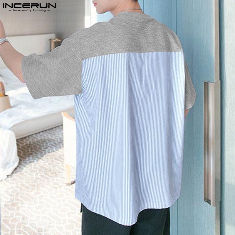 Áo kiểu INCERUN tay ngắn cổ tròn họa tiết kẻ sọc đơn giản thời trang cho nam