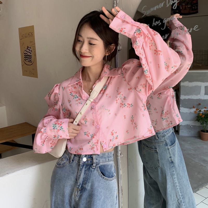 Áo kiểu tay dài cổ bẻ hoạ tiết hoa thiết kế dáng rộng hợp thời trang