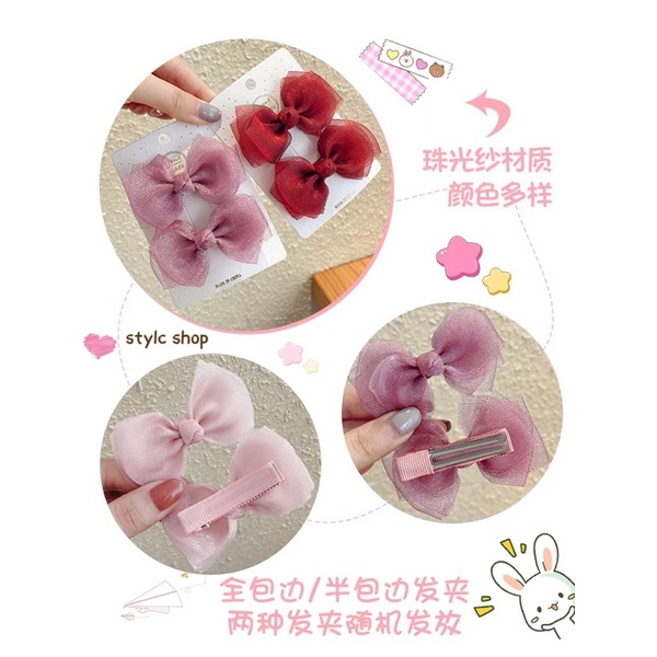 Set 2 chiếc kẹp tóc, dây buộc tóc cho bé gái hình nơ lưới nhiều màu, phụ kiện thời trang cho trẻ em phong cách Hàn Quốc