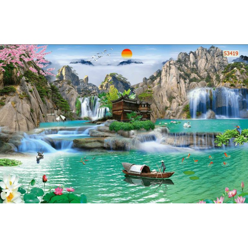 tranh Lụa dán phòng khách 3d tranh thác nước sơn thủy KT 120x80cm