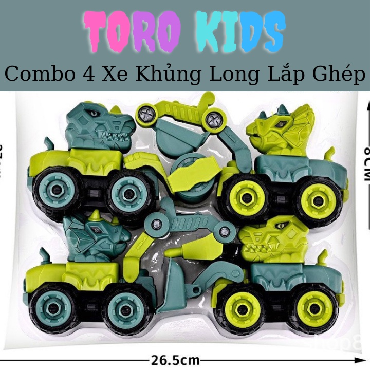 Ô tô đồ chơi bộ 4 xe khủng long chất nhựa cao cấp mô hình xe công trình tháo lắp kèm tua vít cho bé trai