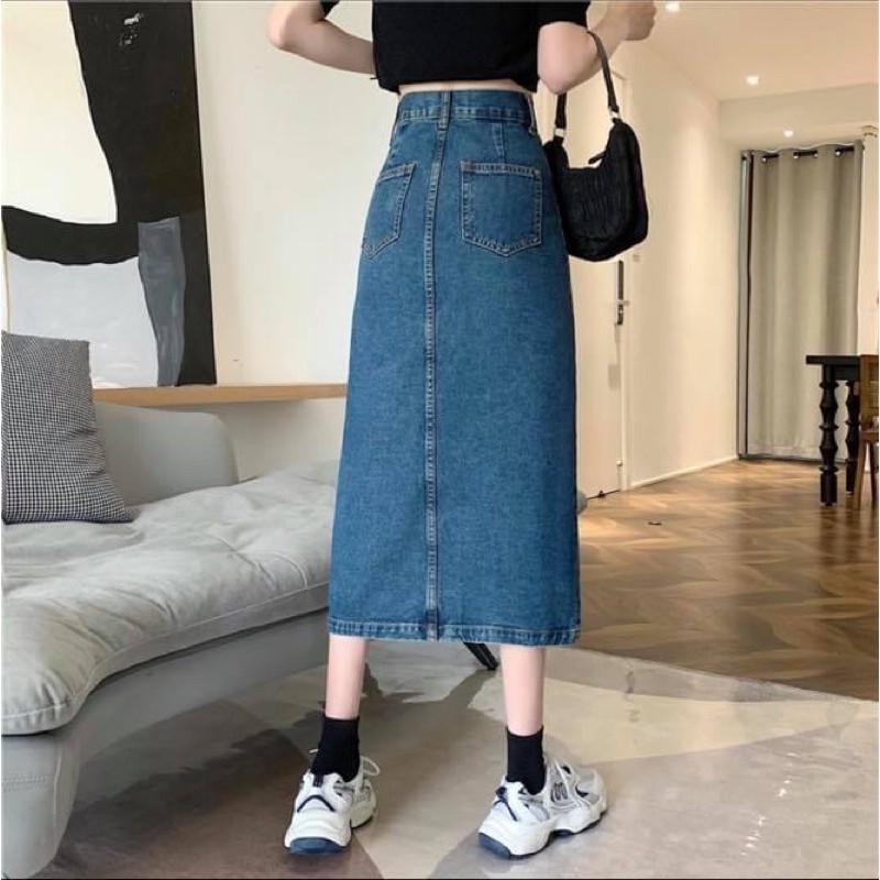 Chân váy jean dài kiểu nữ denim xẻ tà dáng bút chì midi suông - Order taobao quảng châu