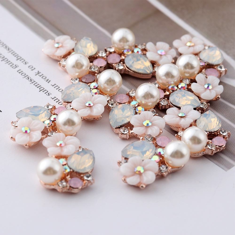 Set 10 nút hình hoa phối ngọc trai dùng trang trí làm thun cột tóc