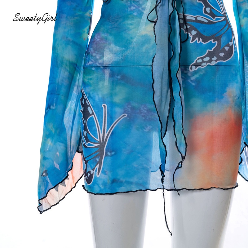 Đầm Mini Tay Dài Trễ Vai In Họa Tiết Bướm Nhiều Màu Quyến Rũ Cho Nữ